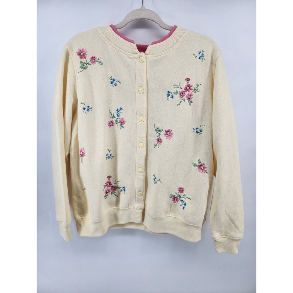 Shenanigans Womens Small‎ Yellow Floral Embroidered Button Front Cardigan Fleece